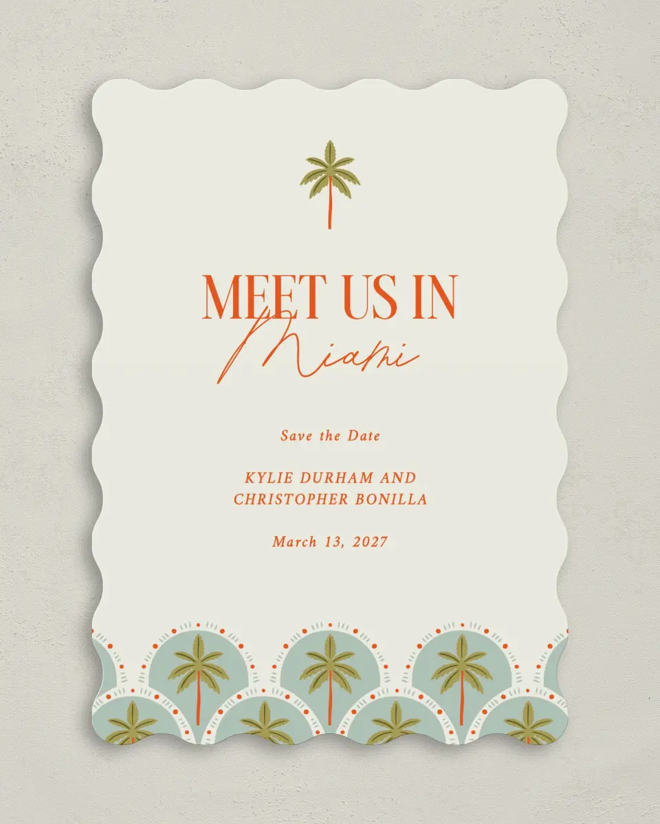 This is a 5" x 7" Save the Date Card called Tropical Treasure printed in full color with Gold foil on Premium Smooth paper