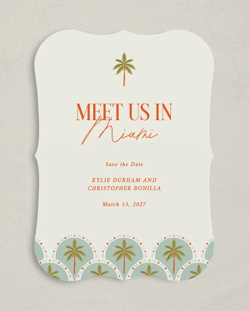 This is a 5" x 7" Save the Date Card called Tropical Treasure printed in full color with Gold foil on Premium Smooth paper