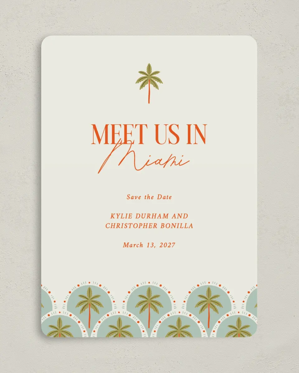This is a 5" x 7" Save the Date Card called Tropical Treasure printed in full color with Gold foil on Premium Smooth paper