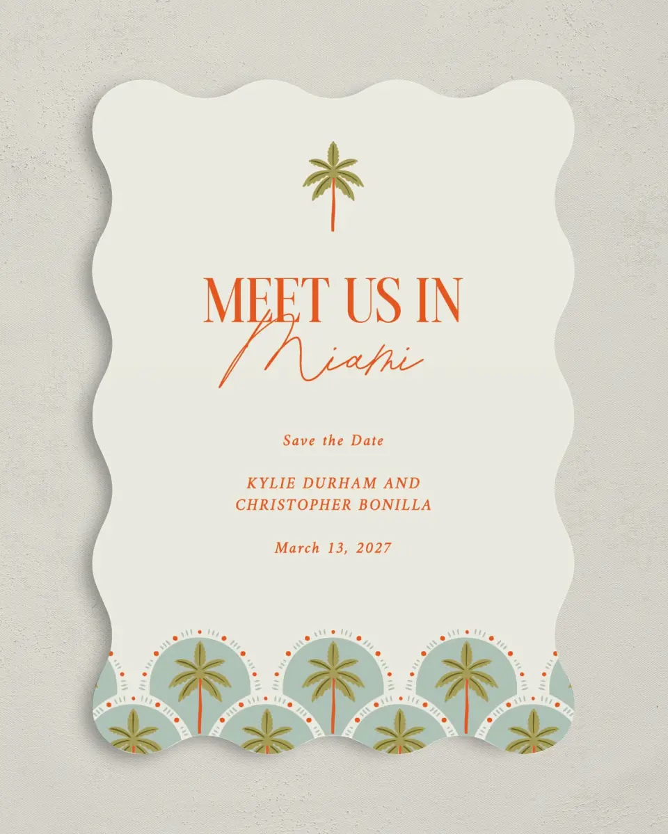 This is a 5" x 7" Save the Date Card called Tropical Treasure printed in full color with Gold foil on Premium Smooth paper