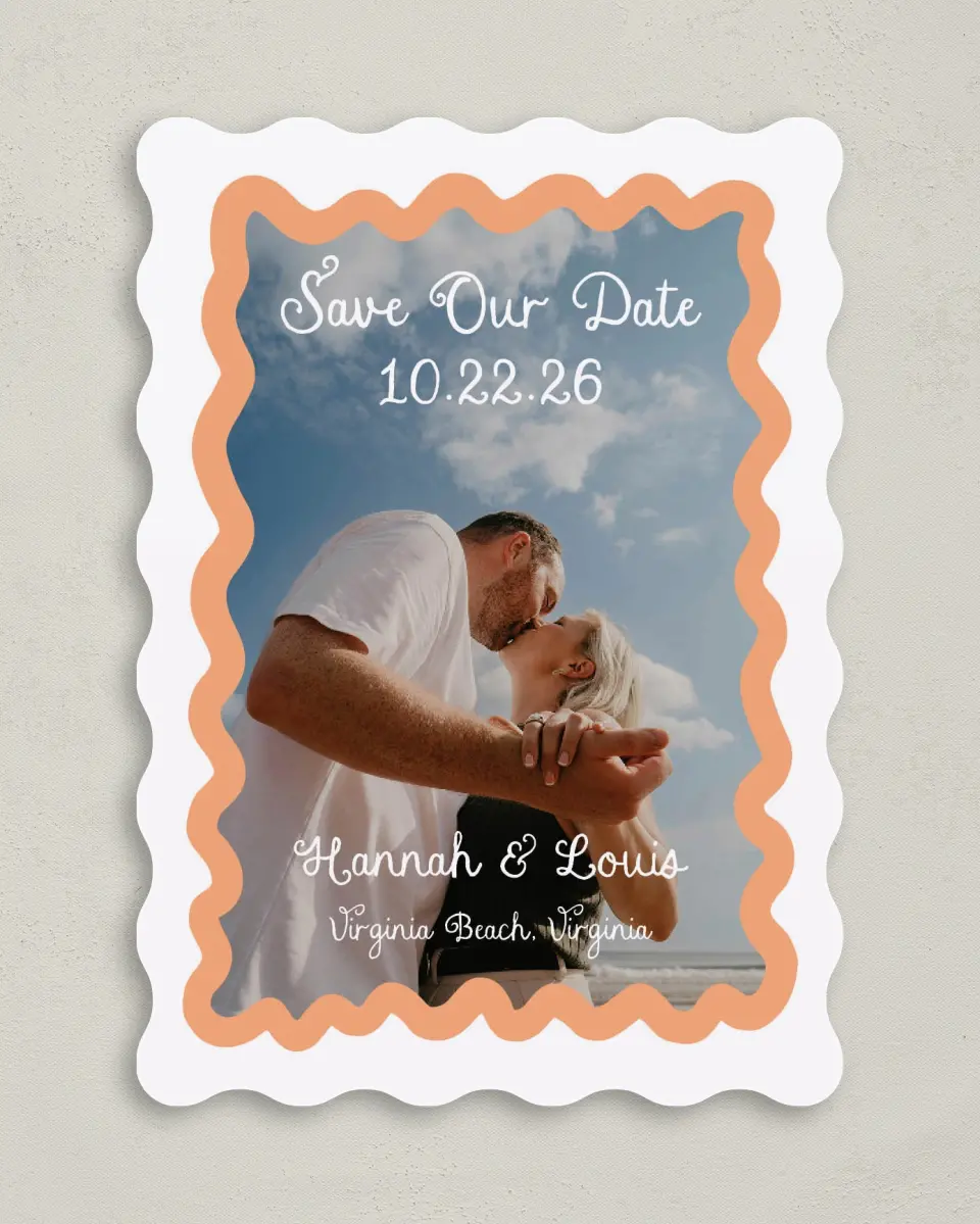 This is a 5" x 7" Save the Date Card called Wavy Love printed in full color with Gold foil on Premium Smooth paper
