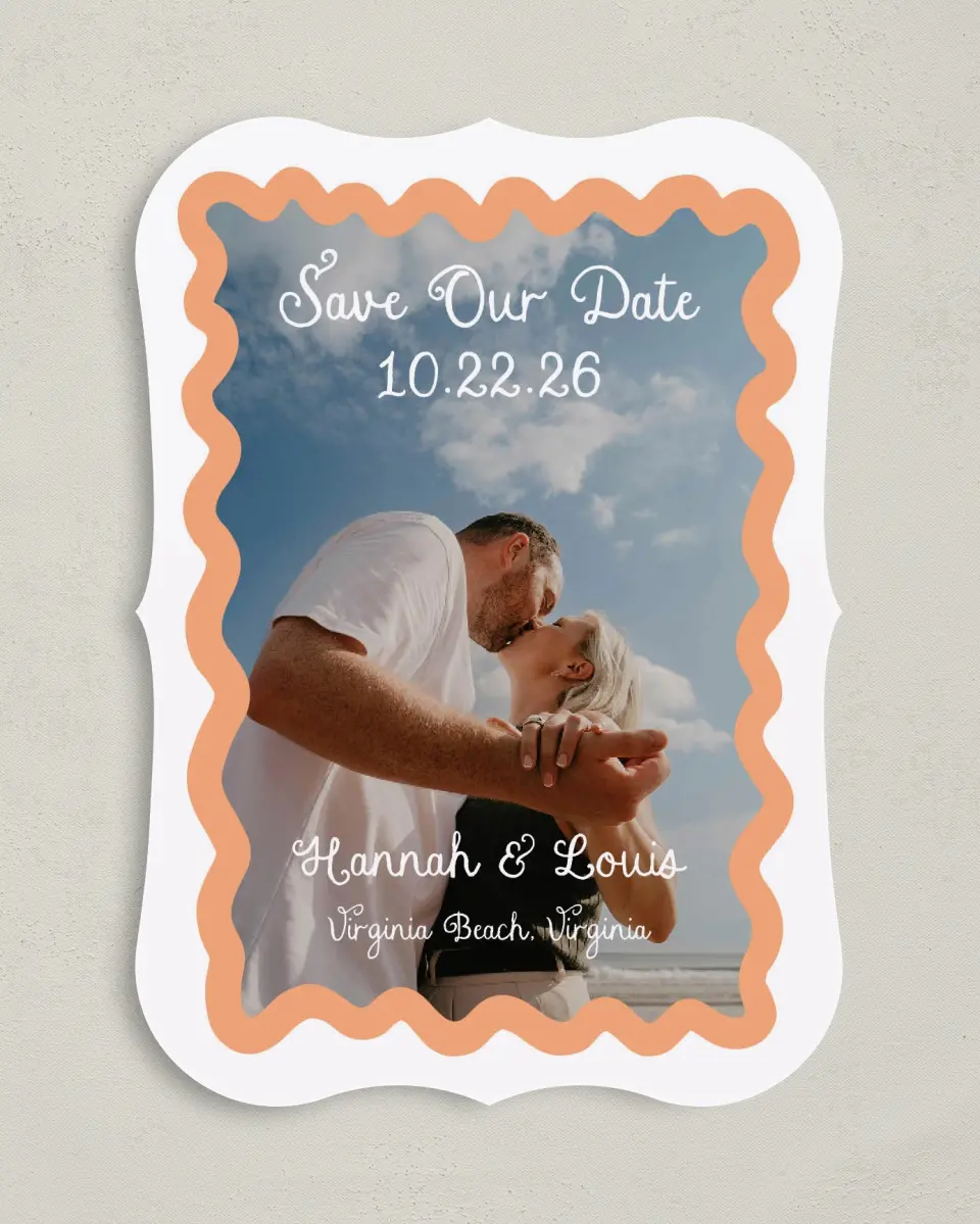 This is a 5" x 7" Save the Date Card called Wavy Love printed in full color with Gold foil on Premium Smooth paper