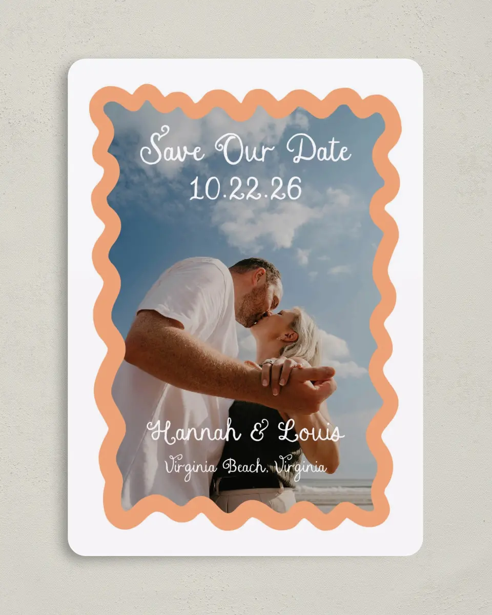 This is a 5" x 7" Save the Date Card called Wavy Love printed in full color with Gold foil on Premium Smooth paper