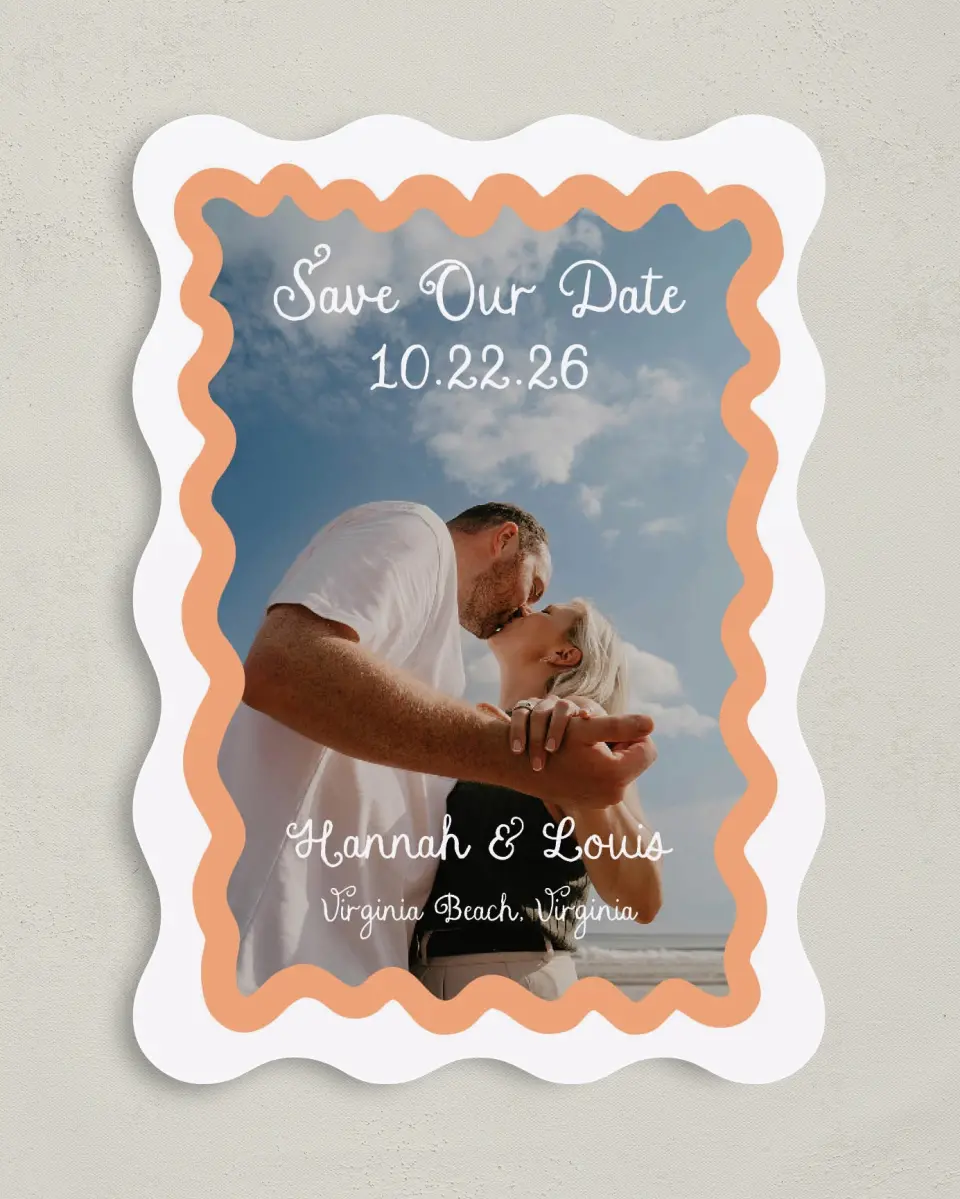 This is a 5" x 7" Save the Date Card called Wavy Love printed in full color with Gold foil on Premium Smooth paper
