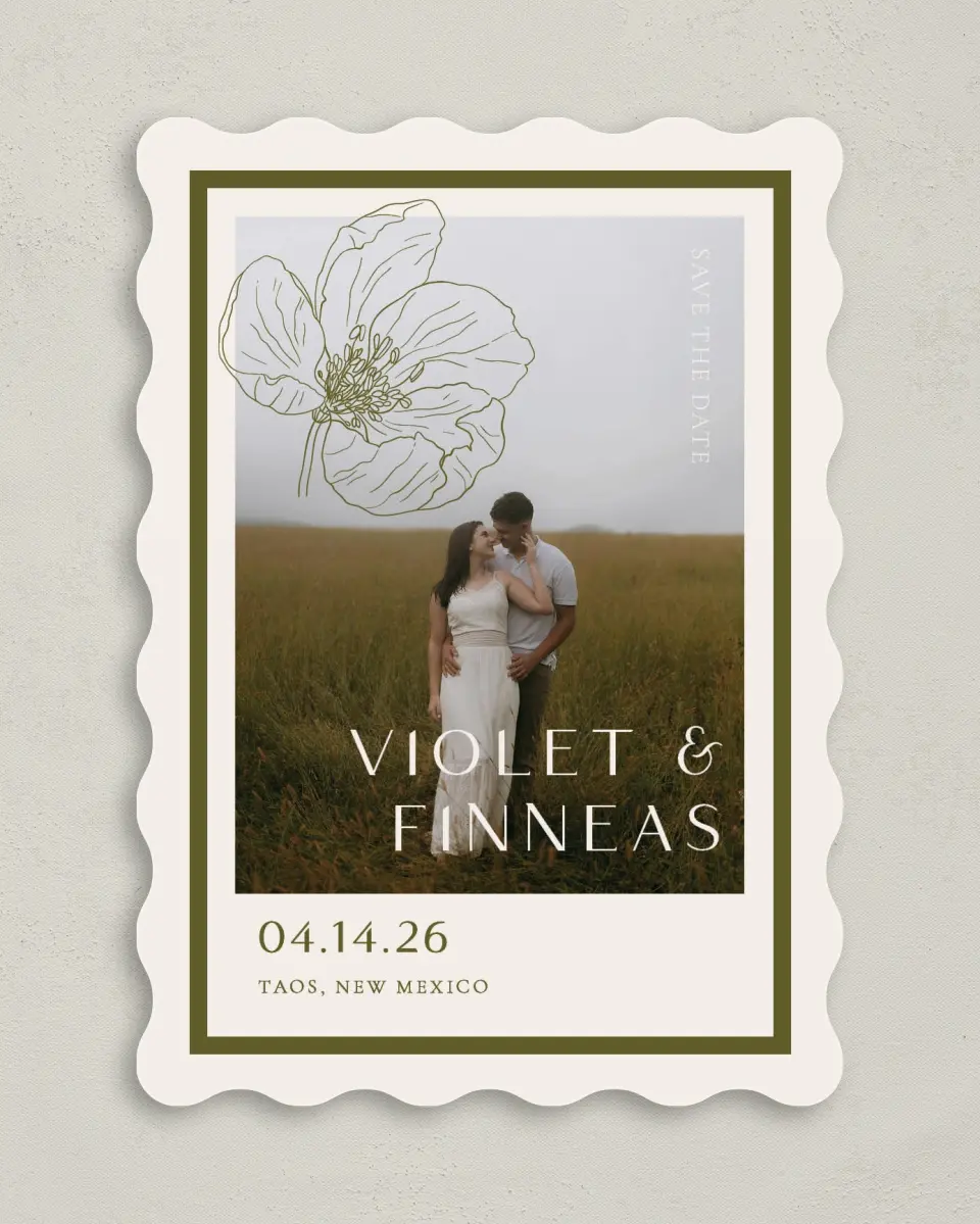 This is a 5" x 7" Save the Date Card called Delicate Love printed in full color with Gold foil on Premium Smooth paper