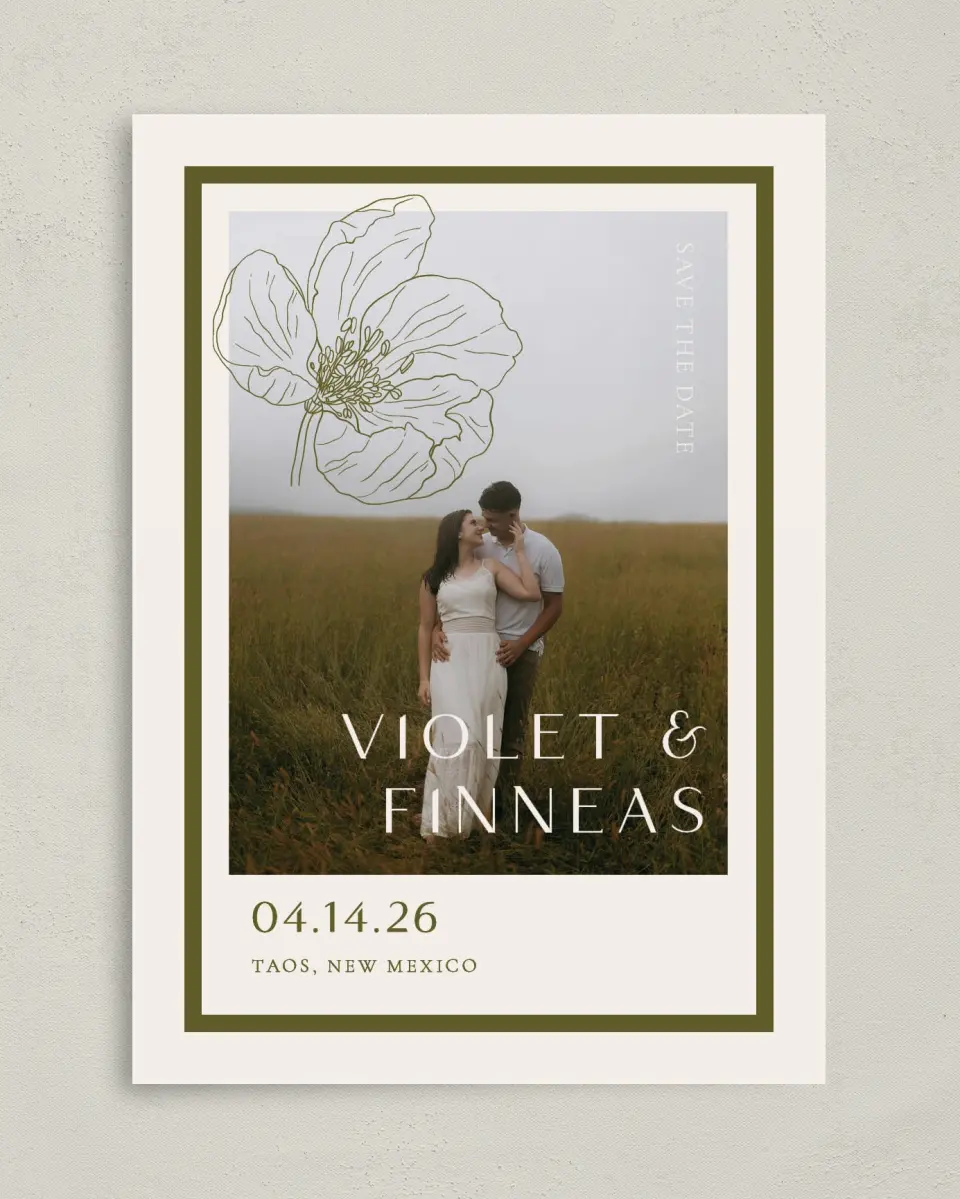 This is a 5" x 7" Save the Date Card called Delicate Love printed in full color with Gold foil on Premium Smooth paper