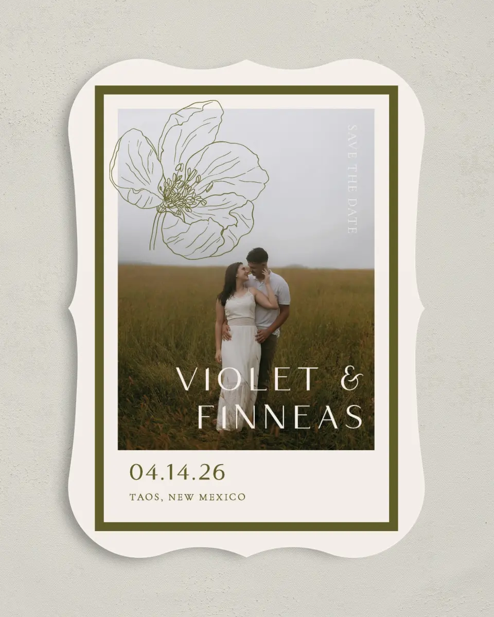 This is a 5" x 7" Save the Date Card called Delicate Love printed in full color with Gold foil on Premium Smooth paper