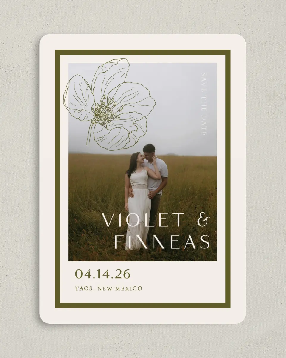 This is a 5" x 7" Save the Date Card called Delicate Love printed in full color with Gold foil on Premium Smooth paper
