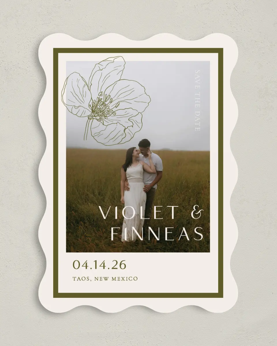 This is a 5" x 7" Save the Date Card called Delicate Love printed in full color with Gold foil on Premium Smooth paper