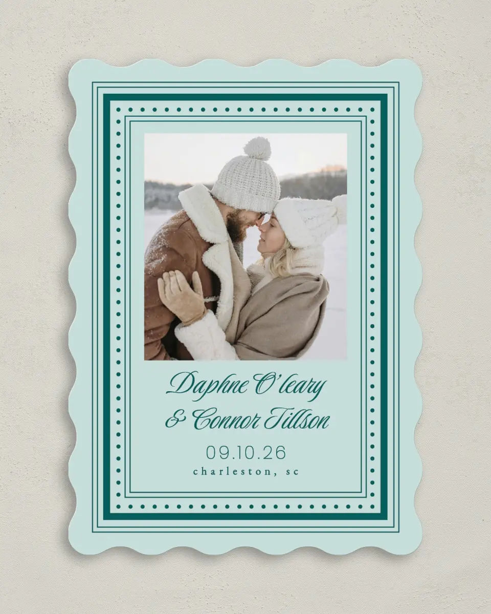 This is a 5" x 7" Save the Date Card called Faithful Frame printed in full color with Gold foil on Premium Smooth paper