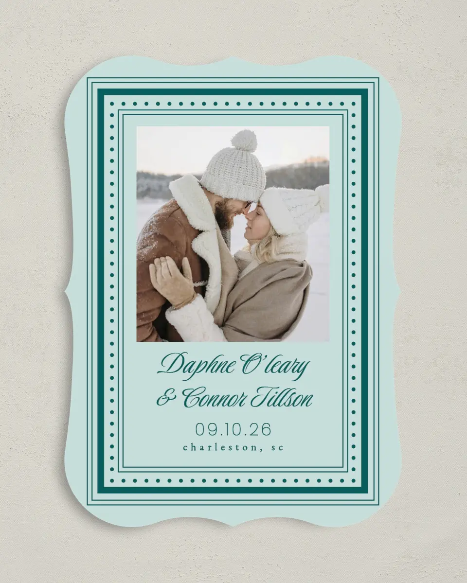 This is a 5" x 7" Save the Date Card called Faithful Frame printed in full color with Gold foil on Premium Smooth paper