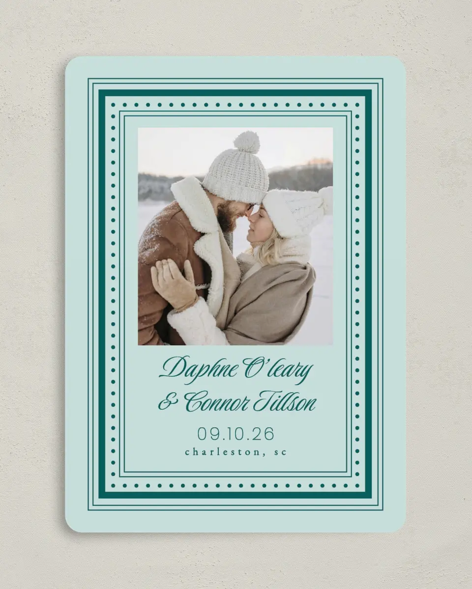 This is a 5" x 7" Save the Date Card called Faithful Frame printed in full color with Gold foil on Premium Smooth paper