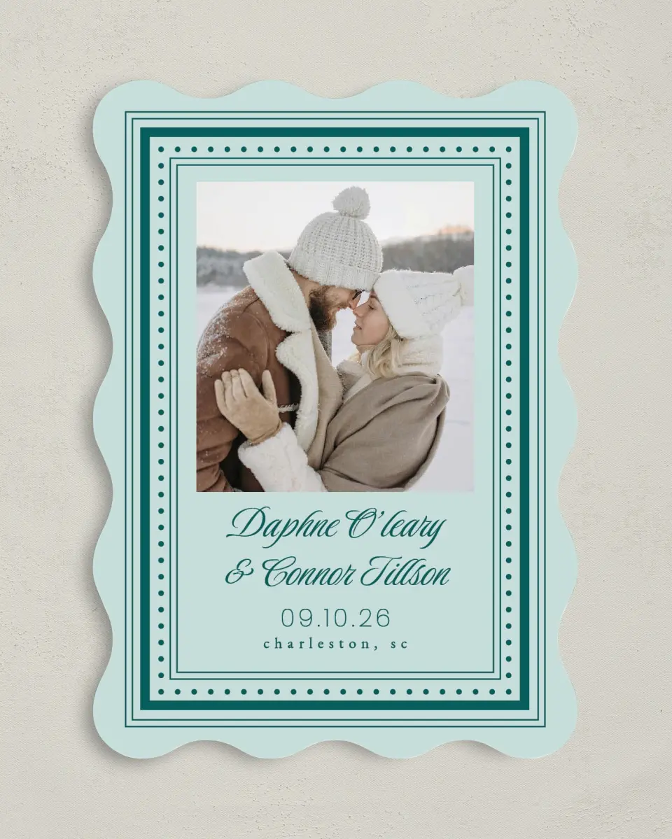 This is a 5" x 7" Save the Date Card called Faithful Frame printed in full color with Gold foil on Premium Smooth paper
