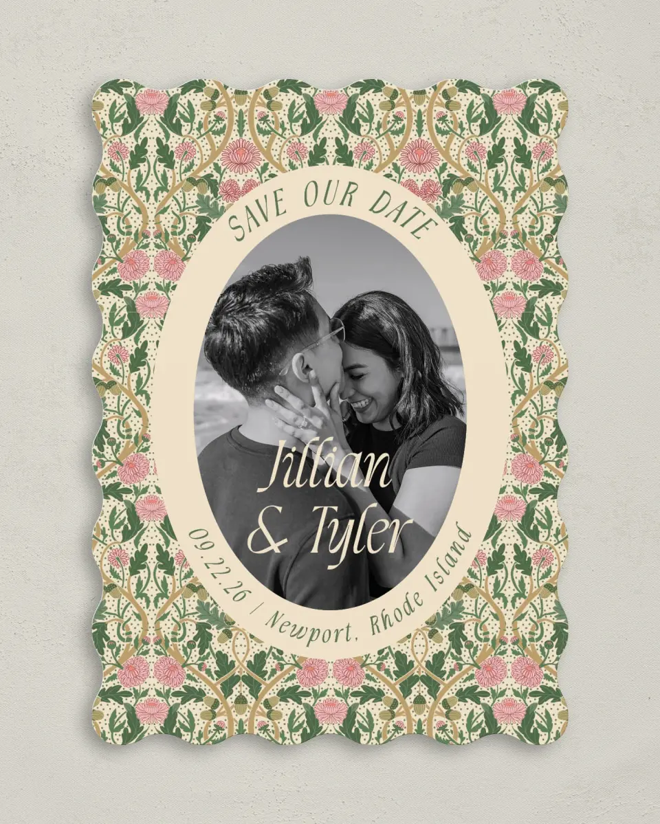 This is a 5" x 7" Save the Date Card called Regal Garden printed in full color with Gold foil on Premium Smooth paper