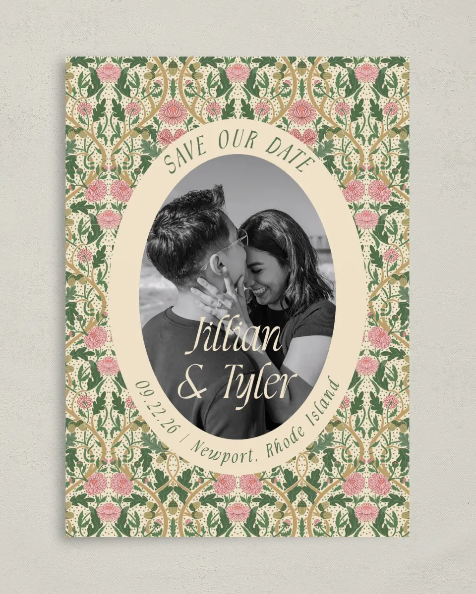 This is a 5" x 7" Save the Date Card called Regal Garden printed in full color with Gold foil on Premium Smooth paper