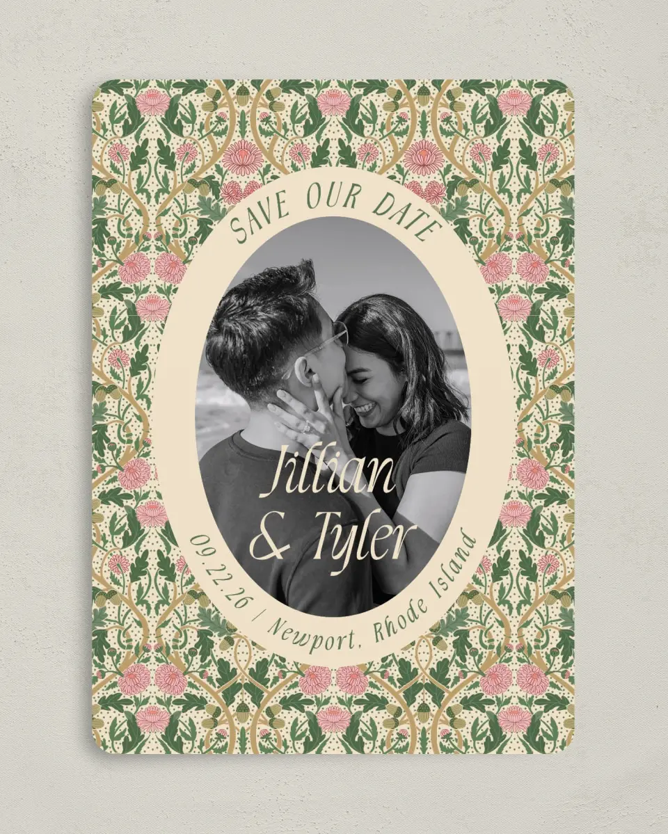 This is a 5" x 7" Save the Date Card called Regal Garden printed in full color with Gold foil on Premium Smooth paper