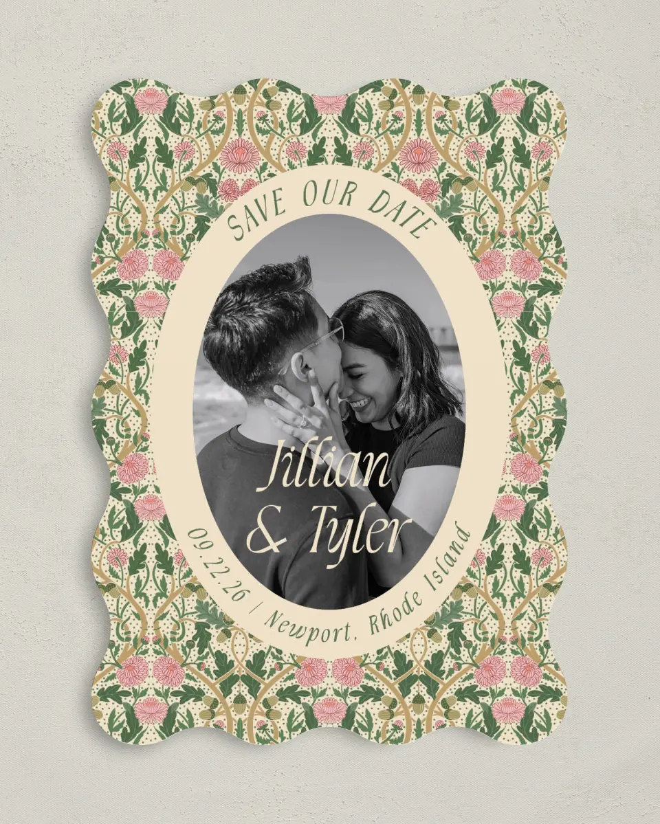 This is a 5" x 7" Save the Date Card called Regal Garden printed in full color with Gold foil on Premium Smooth paper