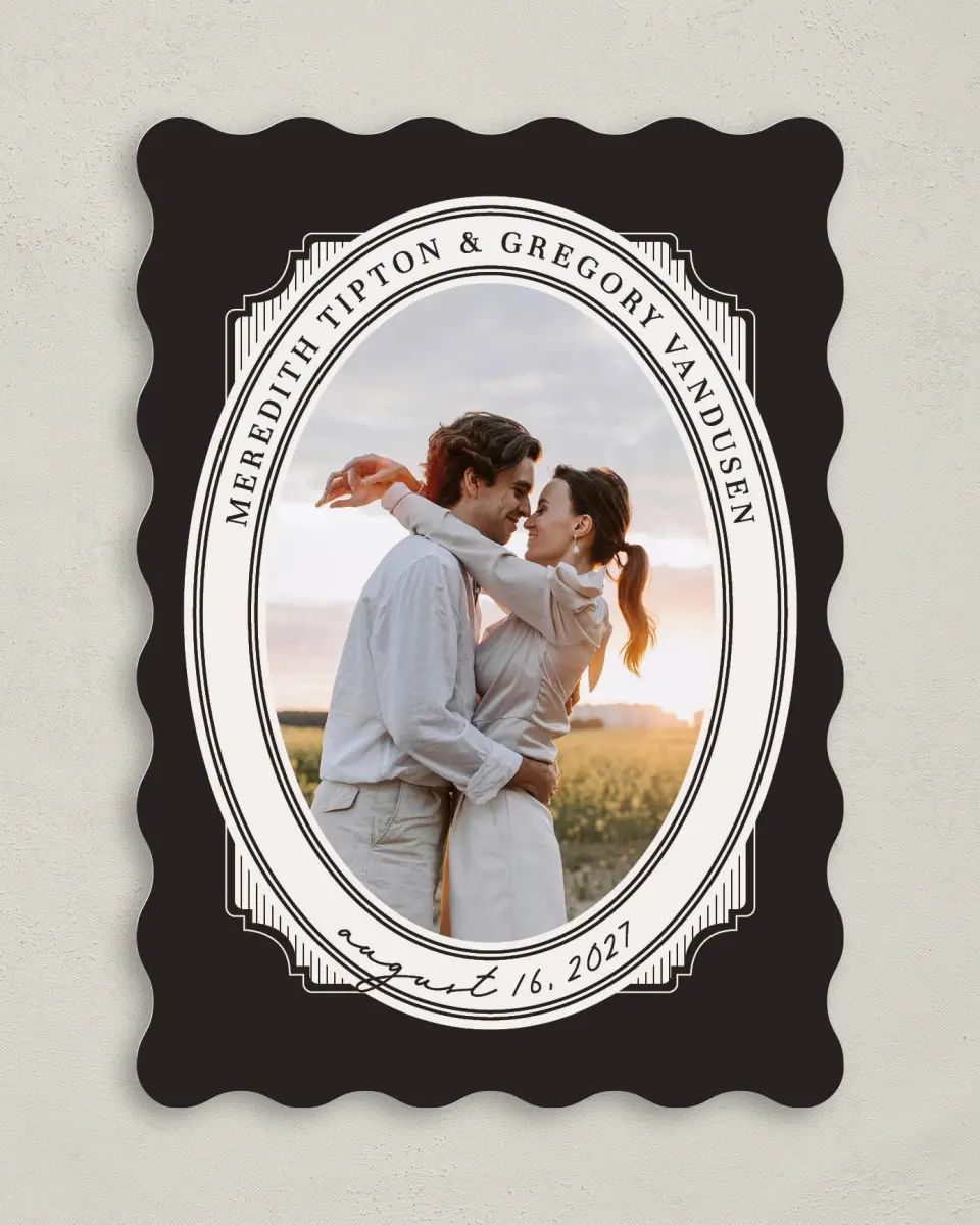 This is a 5" x 7" Save the Date Card called Opulent Endearment printed in full color with Gold foil on Premium Smooth paper