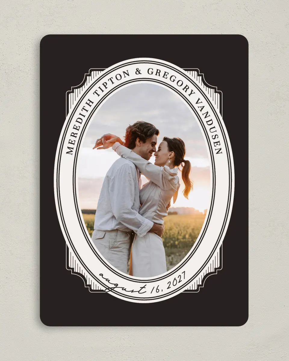 This is a 5" x 7" Save the Date Card called Opulent Endearment printed in full color with Gold foil on Premium Smooth paper