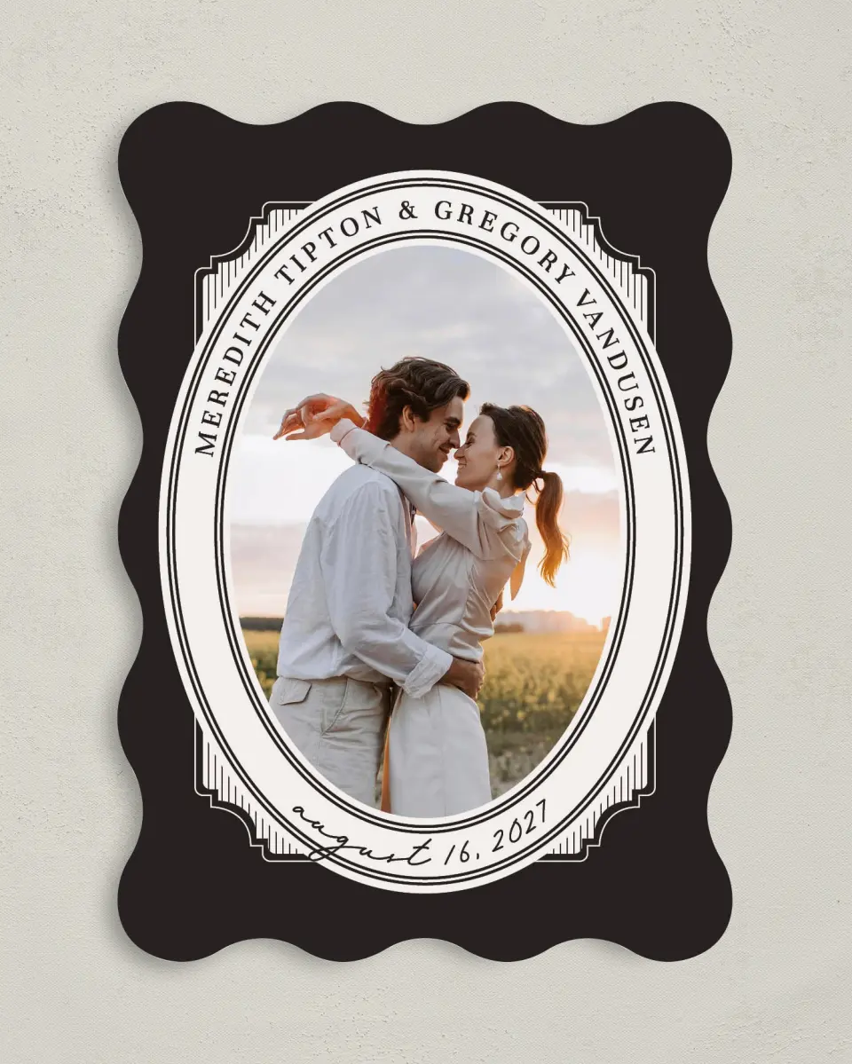 This is a 5" x 7" Save the Date Card called Opulent Endearment printed in full color with Gold foil on Premium Smooth paper