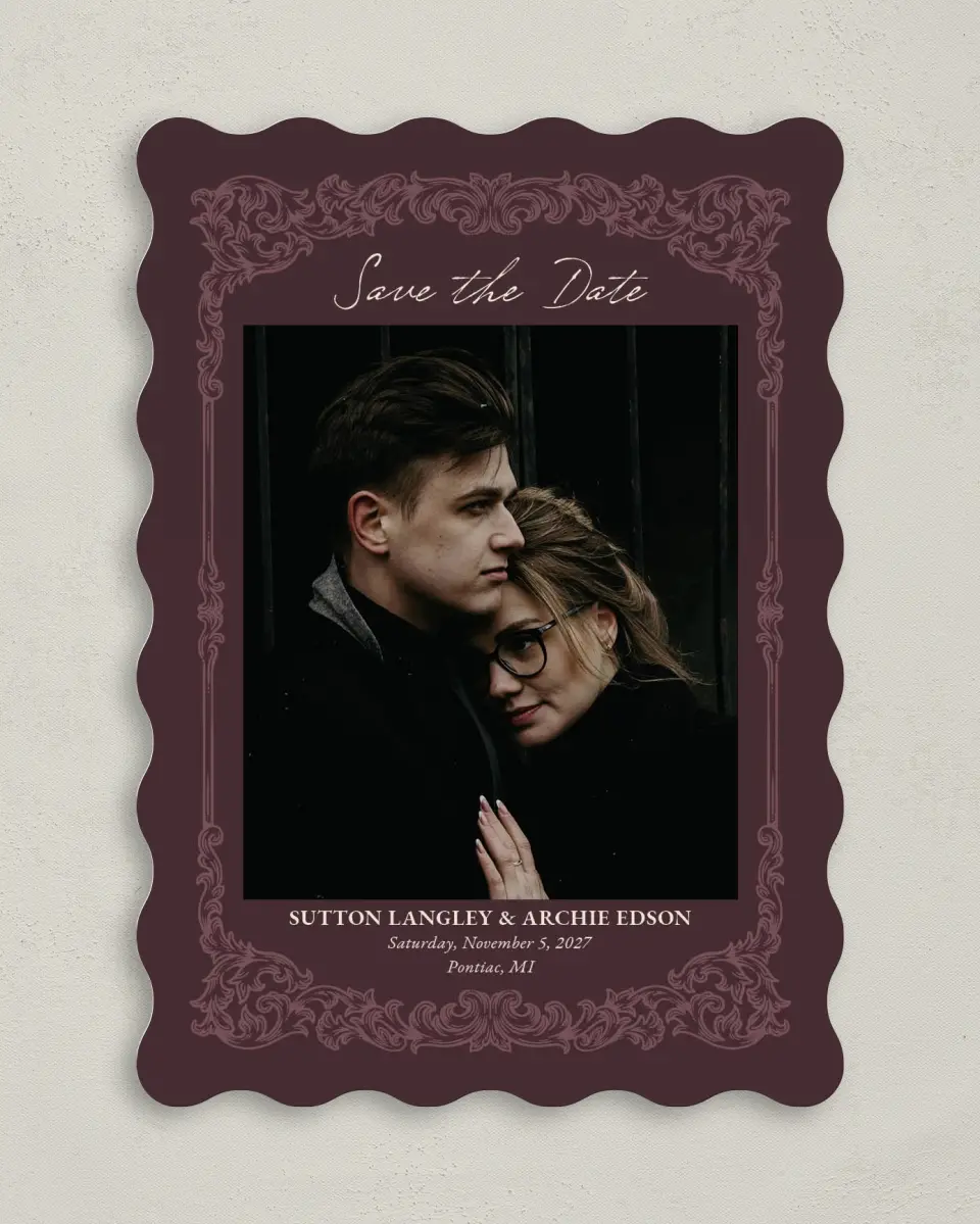 This is a 5" x 7" Save the Date Card called Victorian Aura printed in full color on Premium Smooth paper