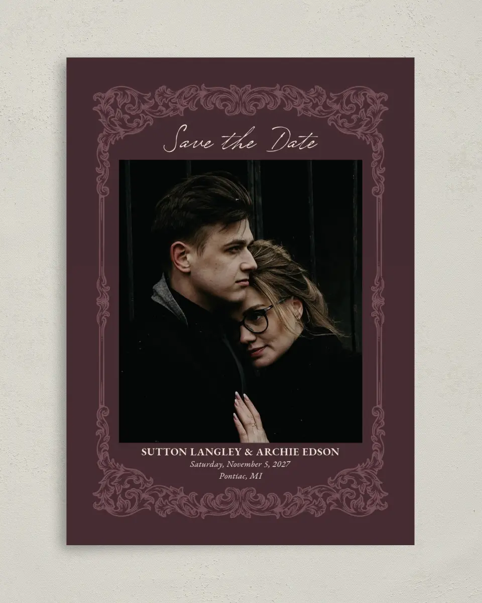 This is a 5" x 7" Save the Date Card called Victorian Aura printed in full color on Premium Smooth paper
