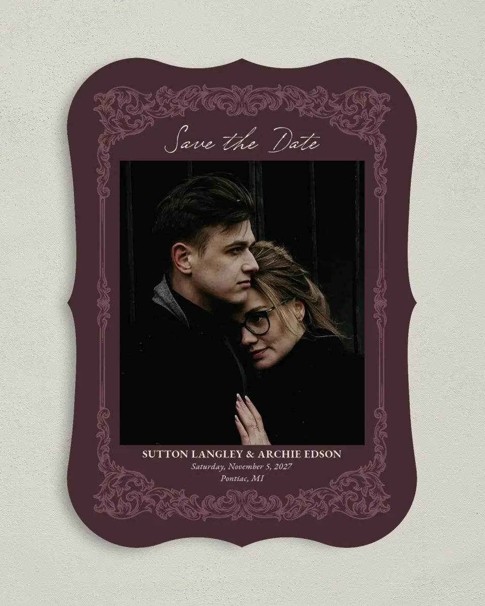 This is a 5" x 7" Save the Date Card called Victorian Aura printed in full color on Premium Smooth paper