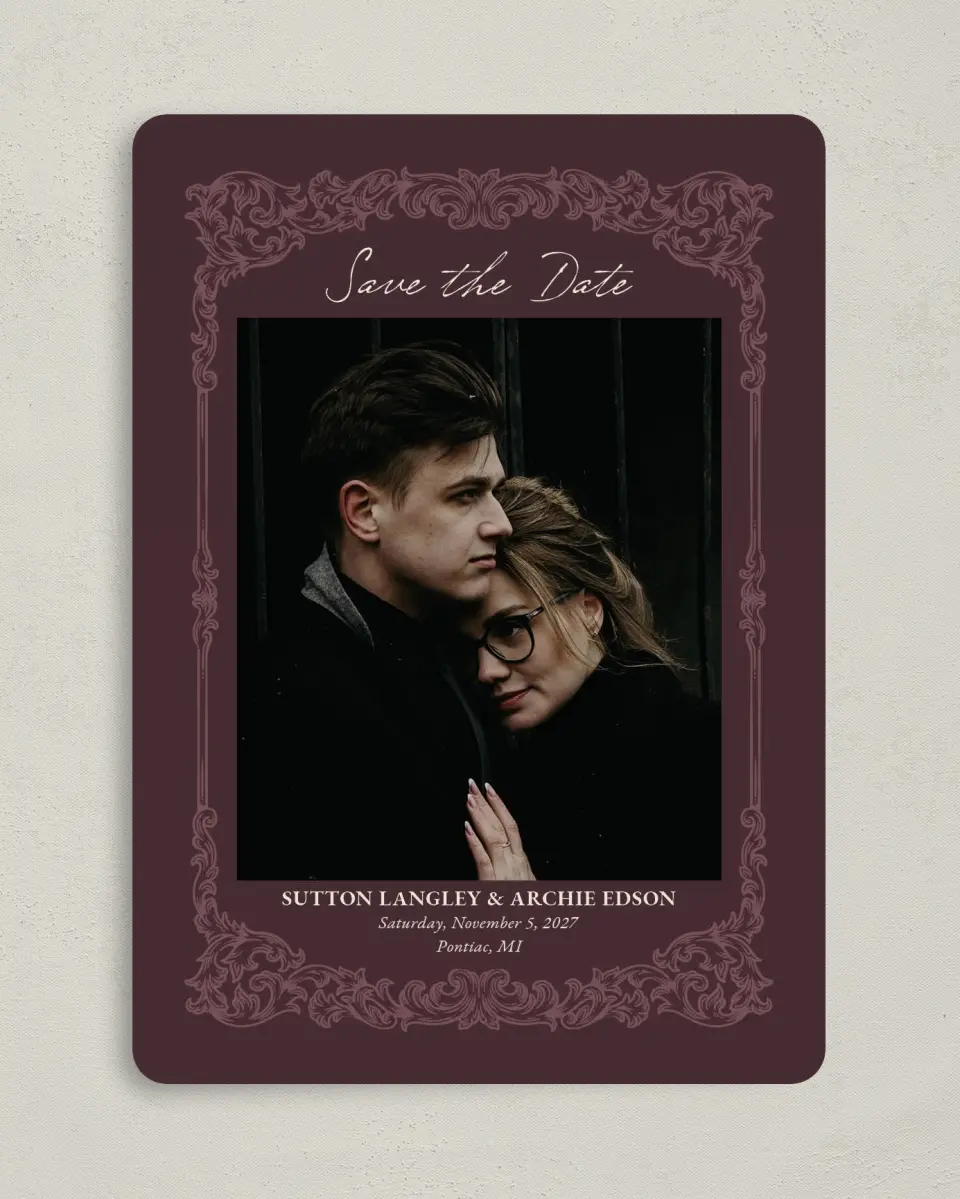 This is a 5" x 7" Save the Date Card called Victorian Aura printed in full color on Premium Smooth paper
