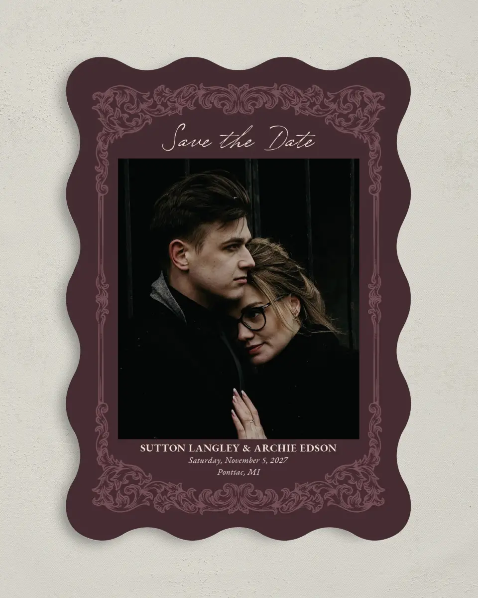 This is a 5" x 7" Save the Date Card called Victorian Aura printed in full color on Premium Smooth paper