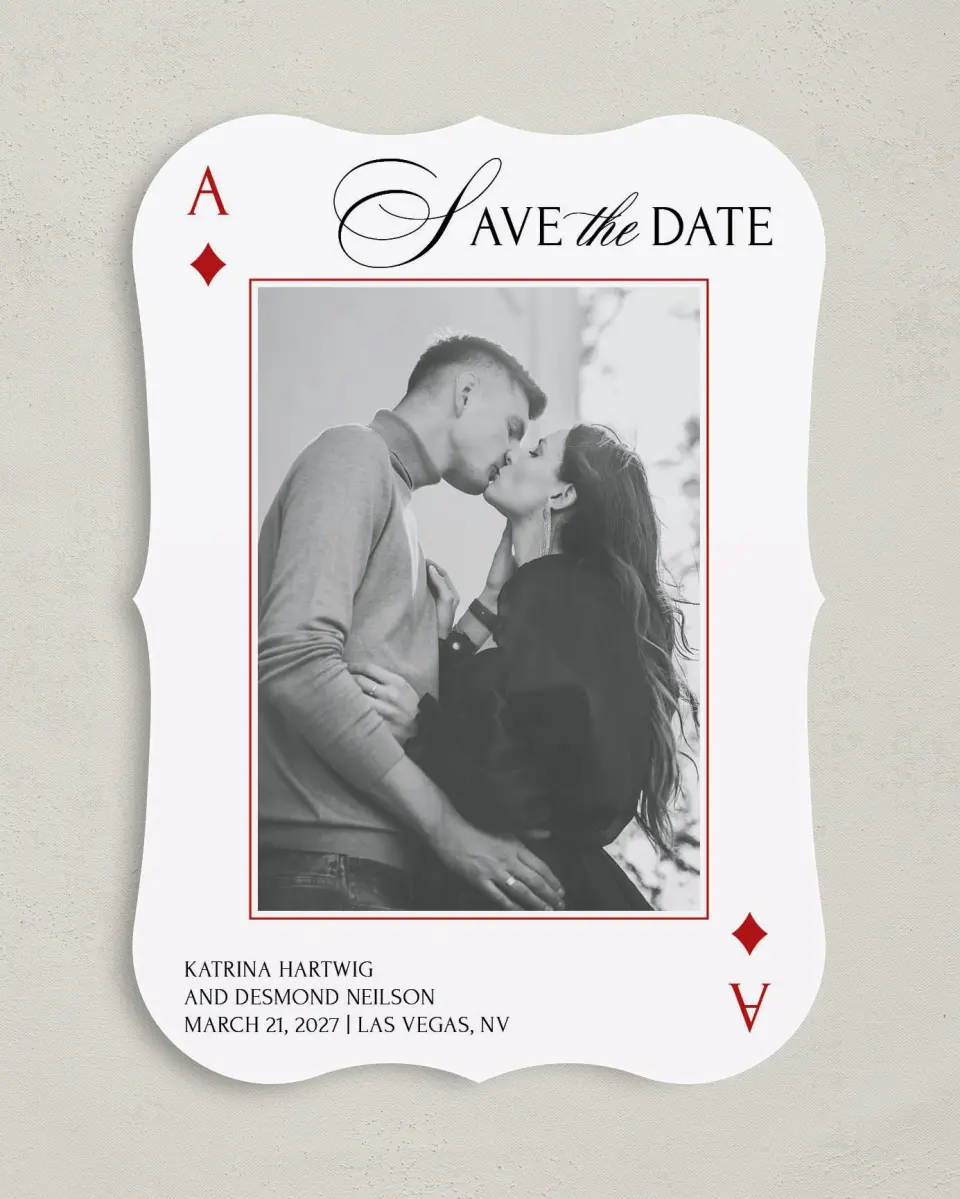 This is a 5" x 7" Save the Date Card called Elevated Vegas printed in full color on Premium Smooth paper