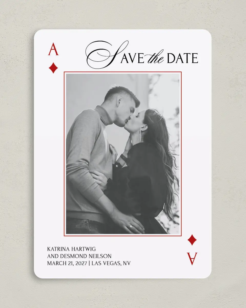 This is a 5" x 7" Save the Date Card called Elevated Vegas printed in full color on Premium Smooth paper