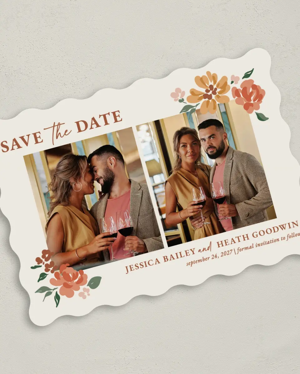 This is a 5" x 7" Save the Date Card called Plush Petals printed in full color with Gold foil on Premium Smooth paper