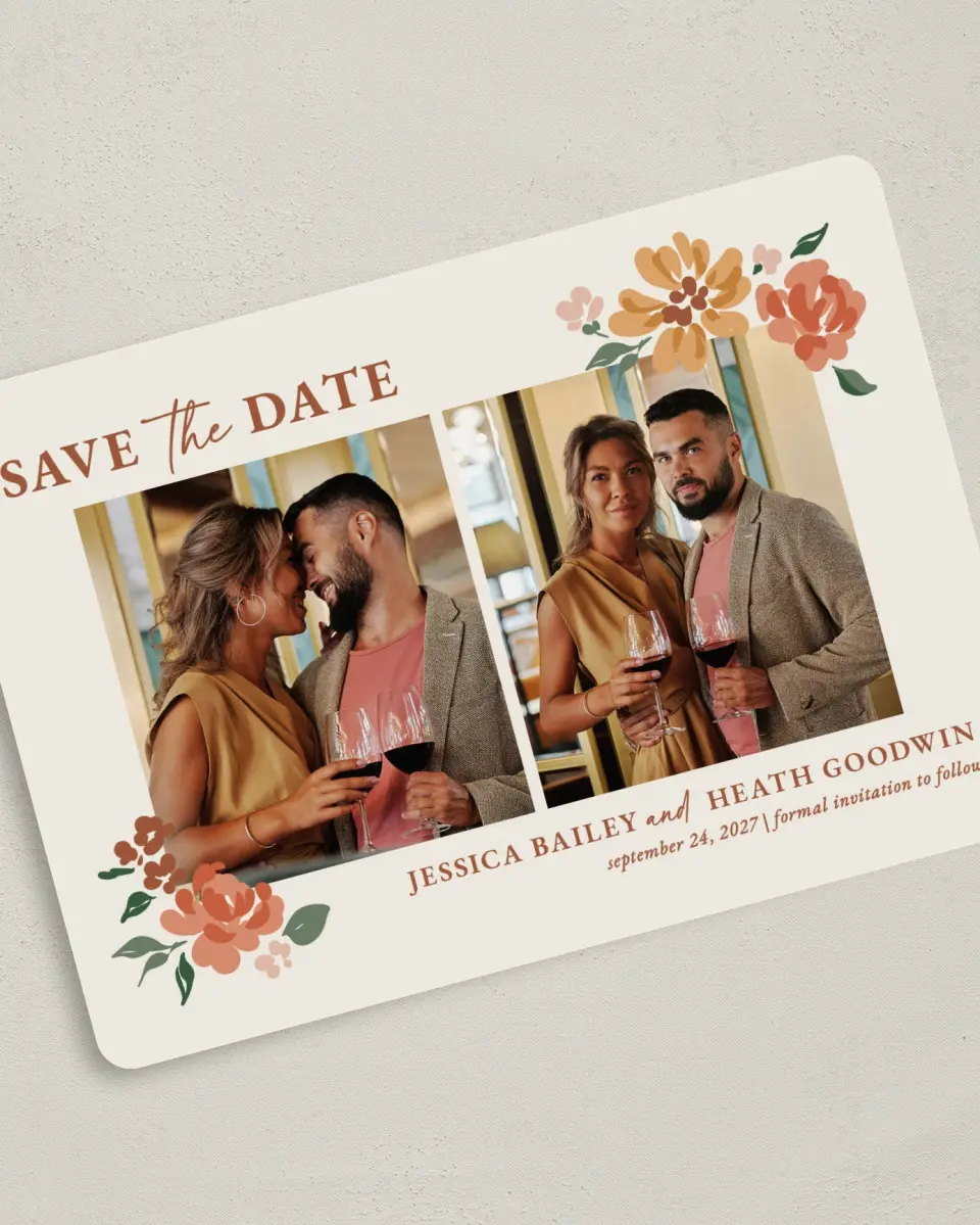 This is a 5" x 7" Save the Date Card called Plush Petals printed in full color with Gold foil on Premium Smooth paper