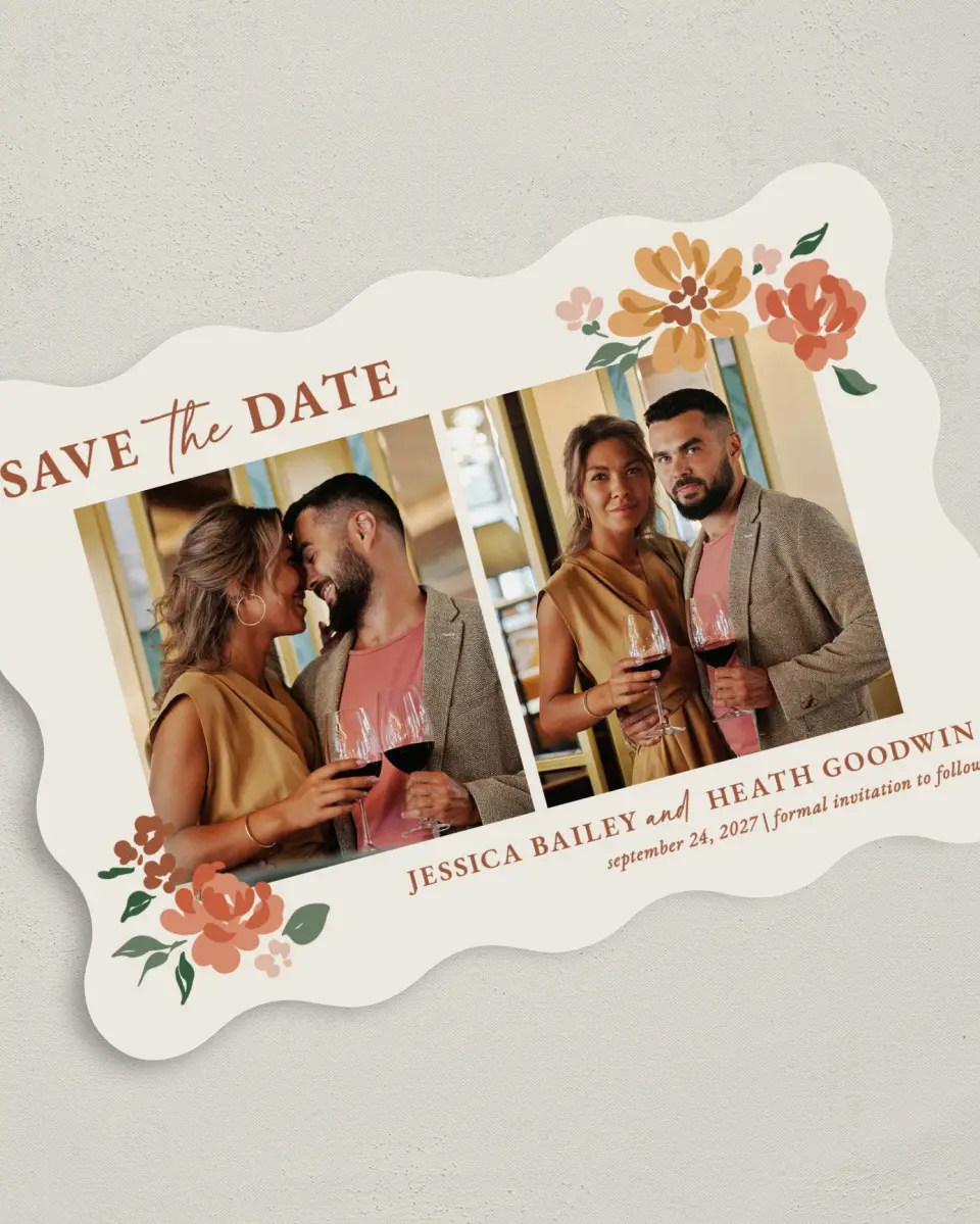 This is a 5" x 7" Save the Date Card called Plush Petals printed in full color with Gold foil on Premium Smooth paper