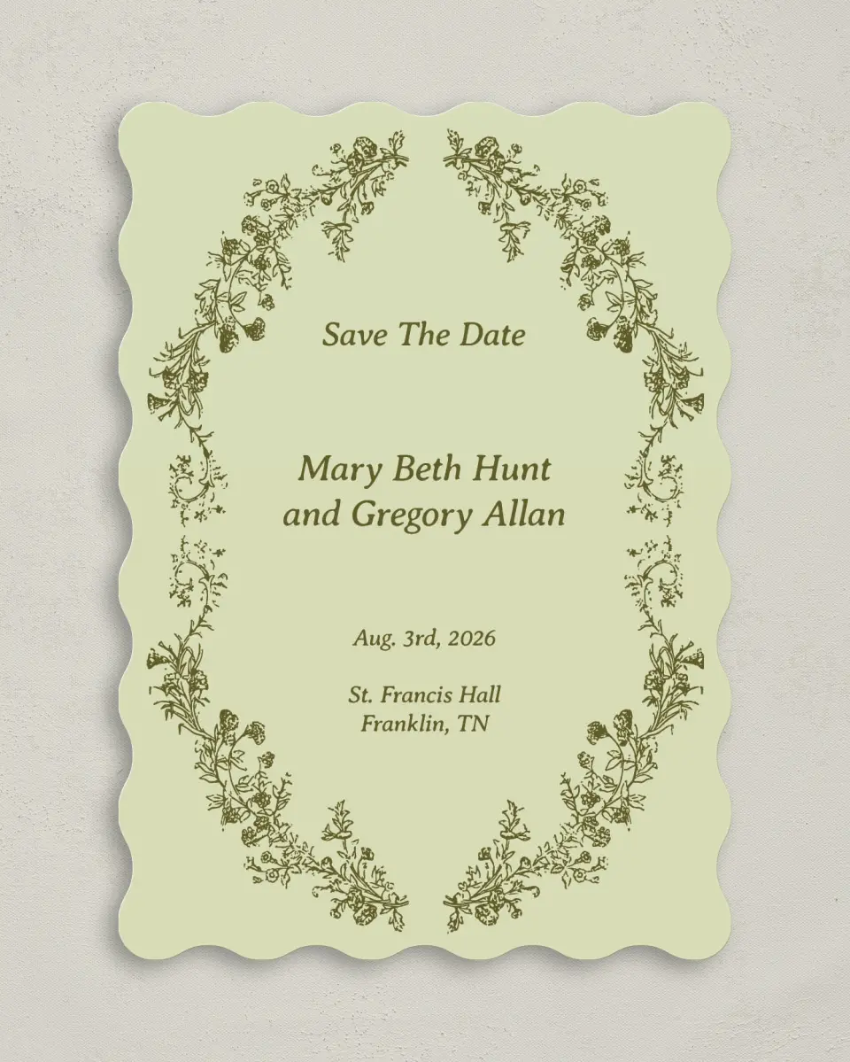 This is a 5" x 7" Save the Date Card called Vintage Chinoiserie printed in full color with Gold foil on Premium Smooth paper