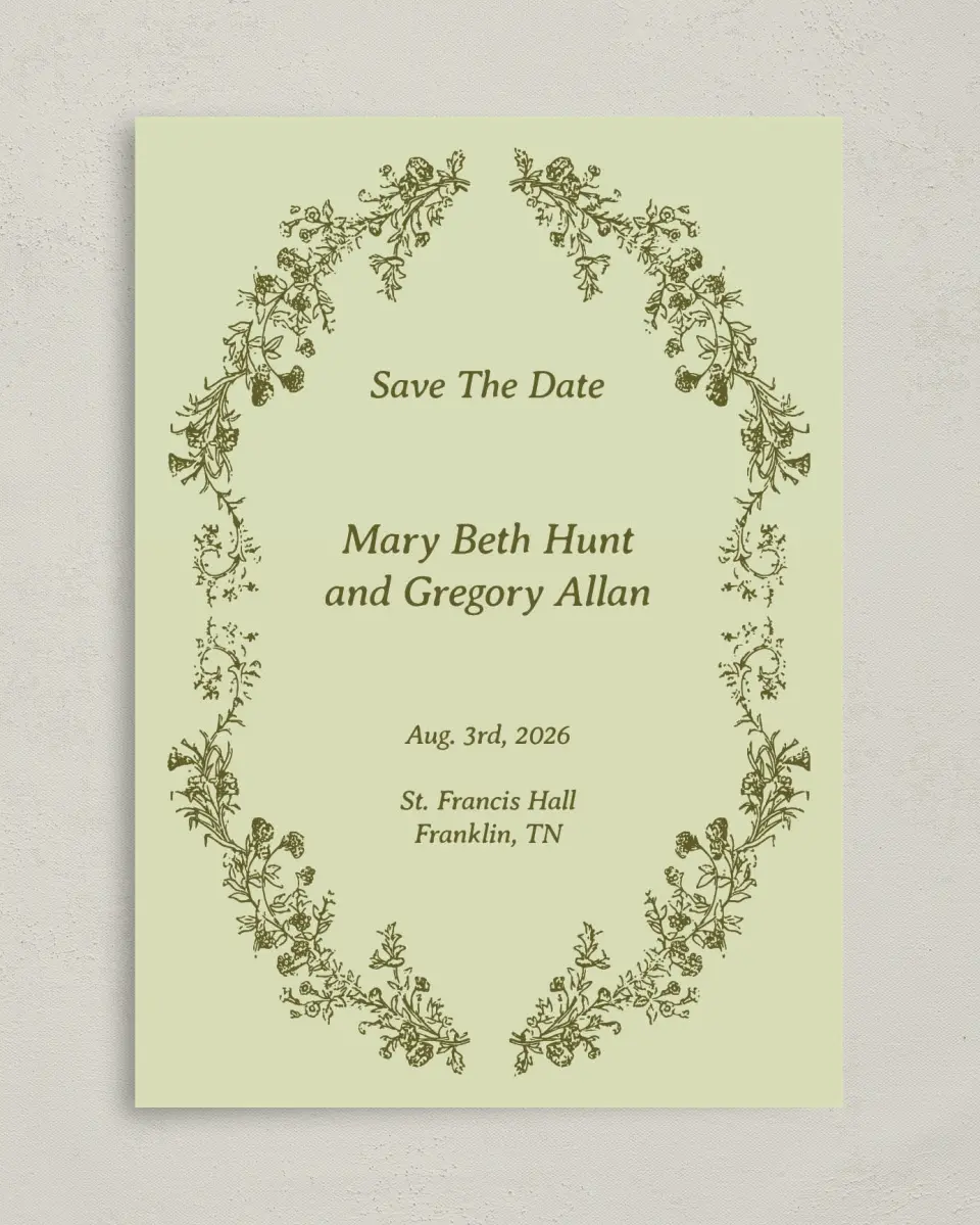 This is a 5" x 7" Save the Date Card called Vintage Chinoiserie printed in full color with Gold foil on Premium Smooth paper
