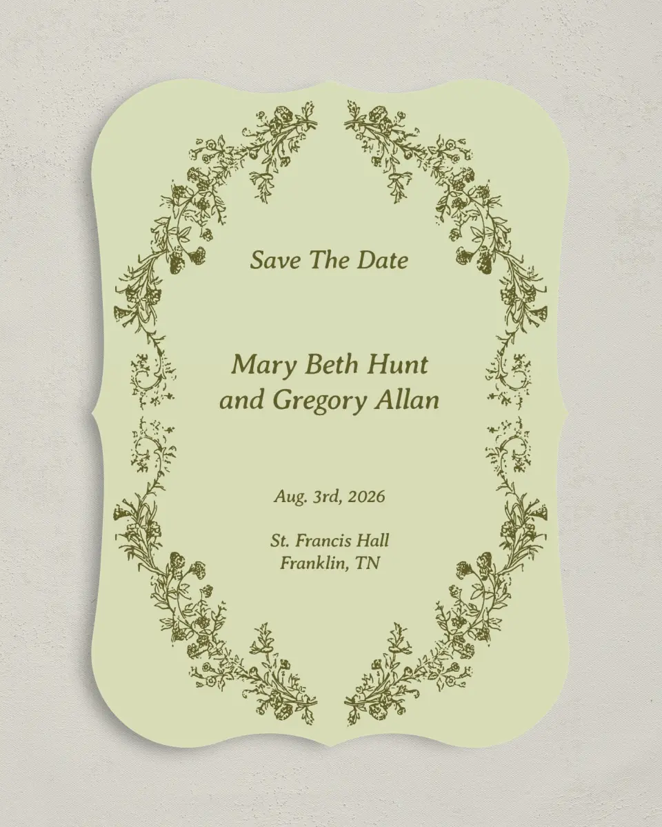 This is a 5" x 7" Save the Date Card called Vintage Chinoiserie printed in full color with Gold foil on Premium Smooth paper