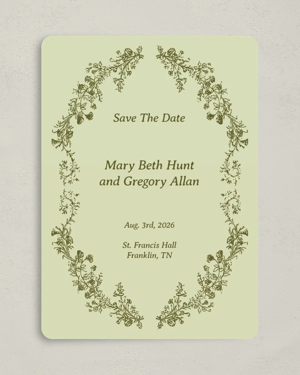 This is a 5" x 7" Save the Date Card called Vintage Chinoiserie printed in full color with Gold foil on Premium Smooth paper