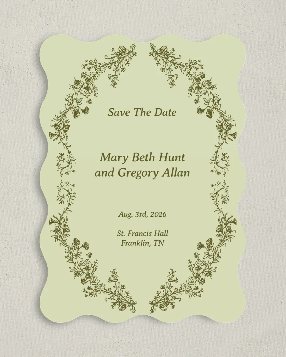 This is a 5" x 7" Save the Date Card called Vintage Chinoiserie printed in full color with Gold foil on Premium Smooth paper