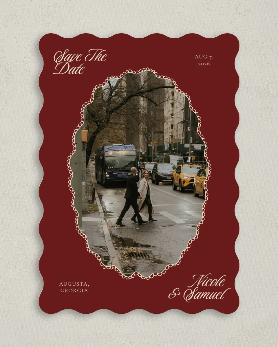 This is a 5" x 7" Save the Date Card called Bloom & Crest printed in full color with Gold foil on Premium Smooth paper