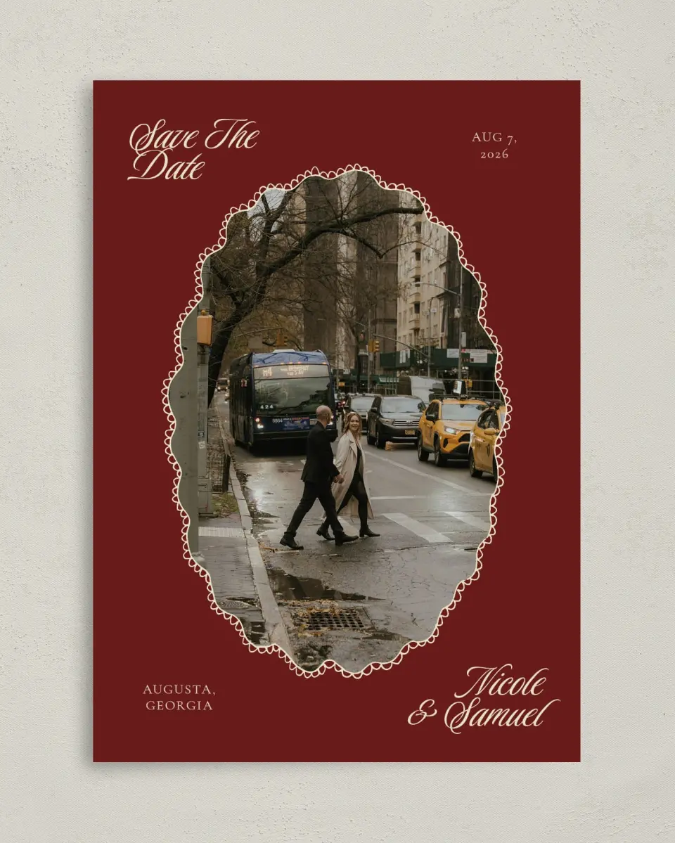 This is a 5" x 7" Save the Date Card called Bloom & Crest printed in full color with Gold foil on Premium Smooth paper