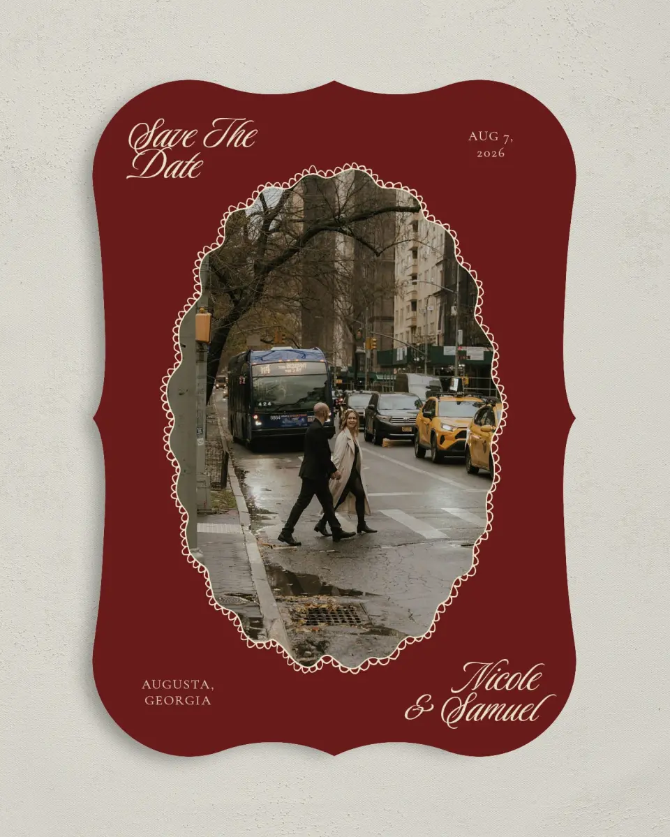This is a 5" x 7" Save the Date Card called Bloom & Crest printed in full color with Gold foil on Premium Smooth paper