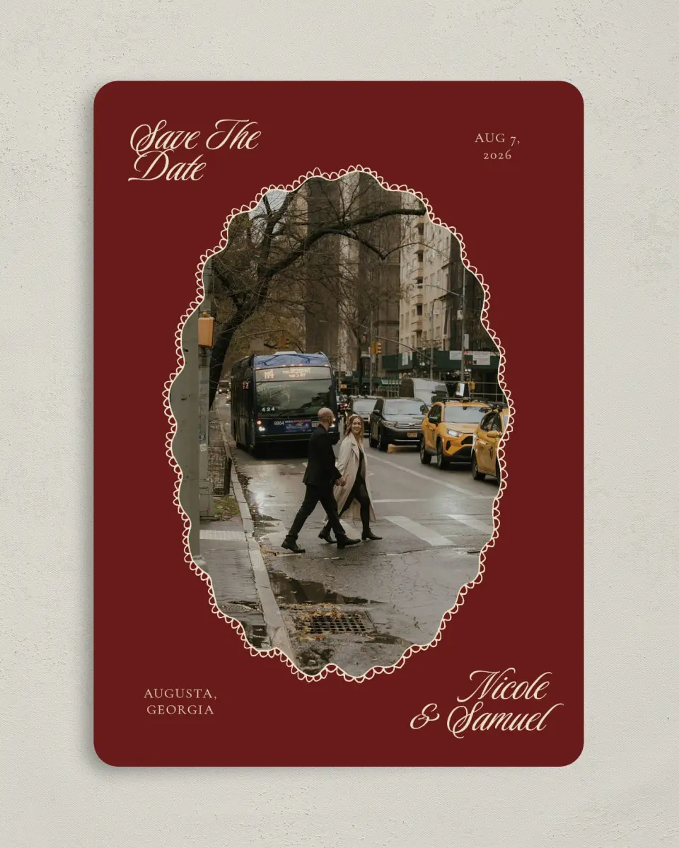 This is a 5" x 7" Save the Date Card called Bloom & Crest printed in full color with Gold foil on Premium Smooth paper