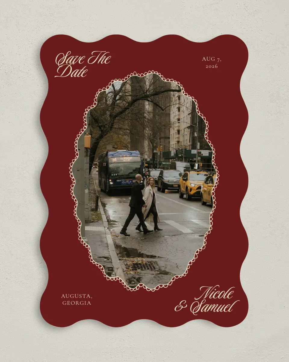 This is a 5" x 7" Save the Date Card called Bloom & Crest printed in full color with Gold foil on Premium Smooth paper