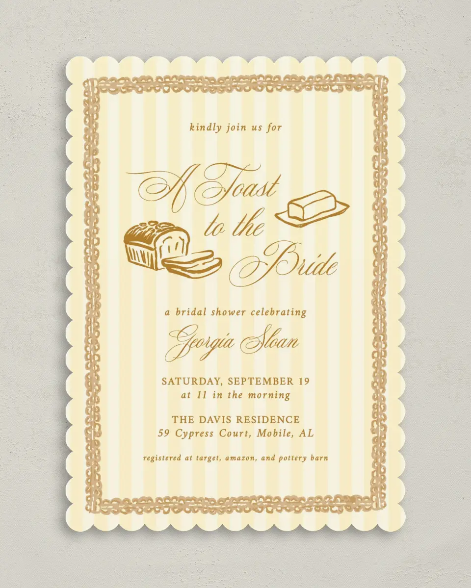 This is a 5" x 7" Bridal Shower Invitation called Toast to the Bride printed in full color with Rose Gold foil on Luxe Satin (coated) paper