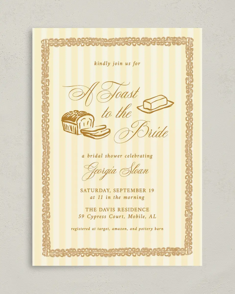 This is a 5" x 7" Bridal Shower Invitation called Toast to the Bride printed in full color with Gold foil on Luxe Satin (coated) paper