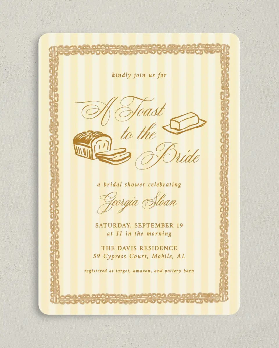 This is a 5" x 7" Bridal Shower Invitation called Toast to the Bride printed in full color on Premium Smooth paper