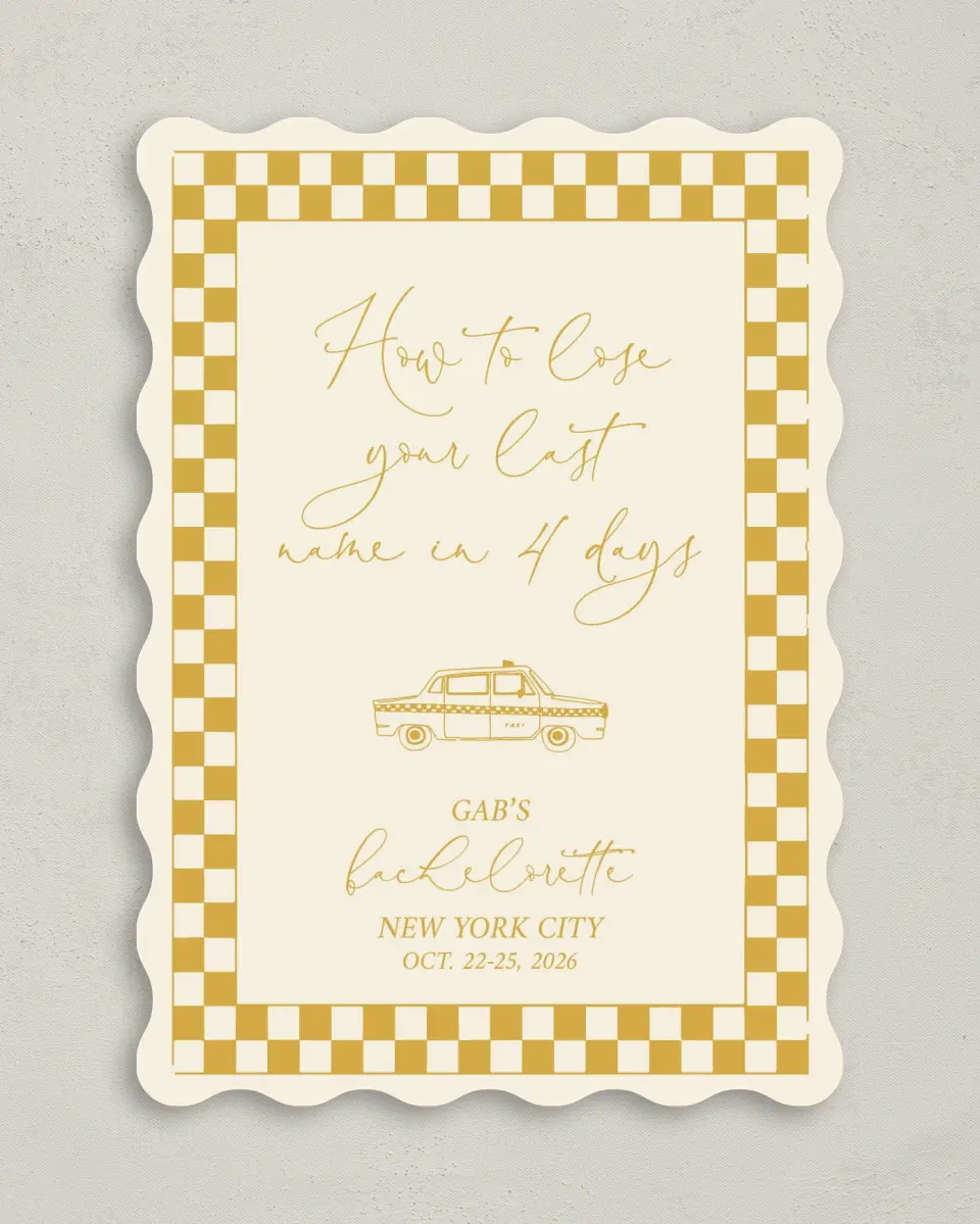 This is a 5" x 7" Bachelorette Party Invitation called How to Lose your Last Name in 10 Days printed in full color on Premium Smooth paper