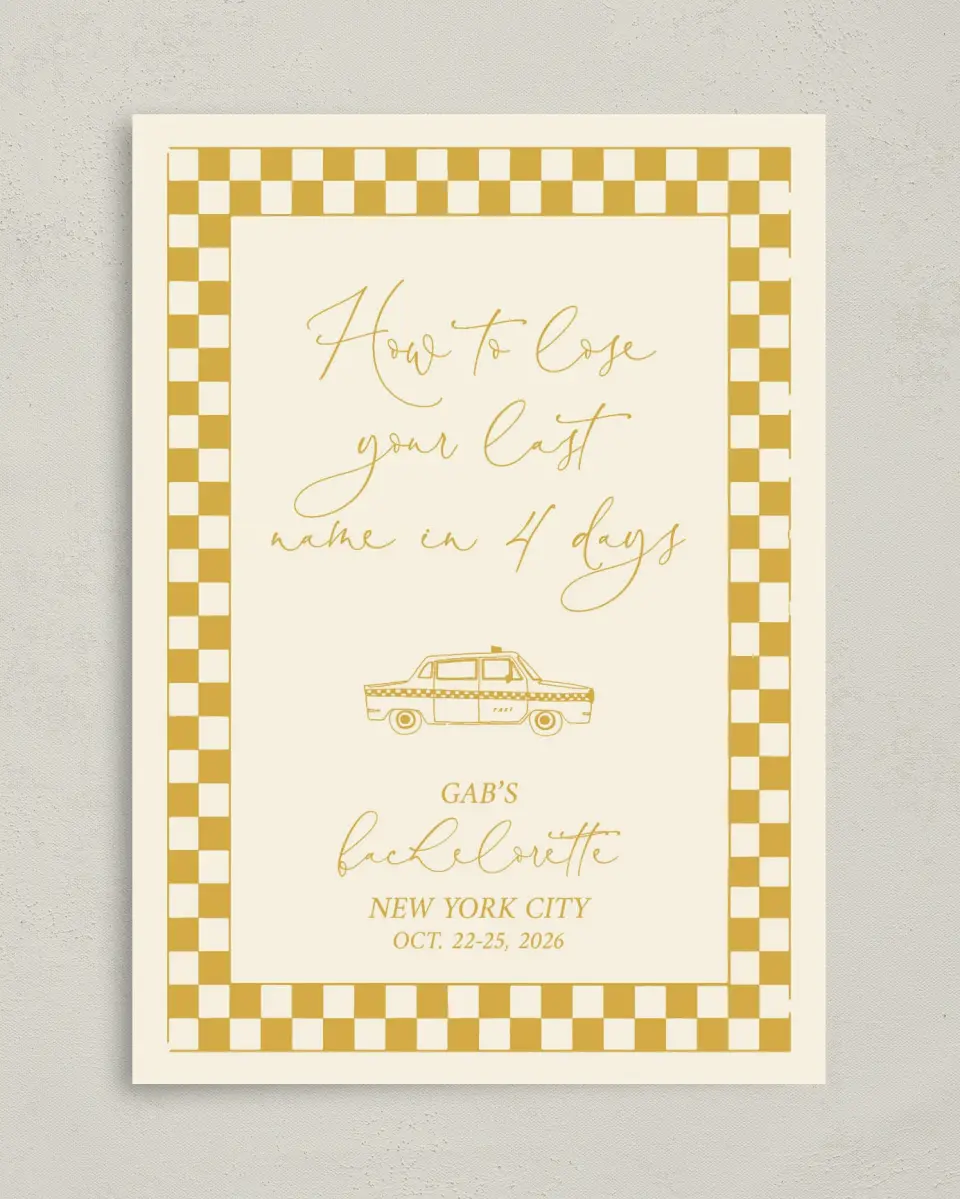 This is a 5" x 7" Bachelorette Party Invitation called How to Lose your Last Name in 10 Days printed in full color on Premium Smooth paper