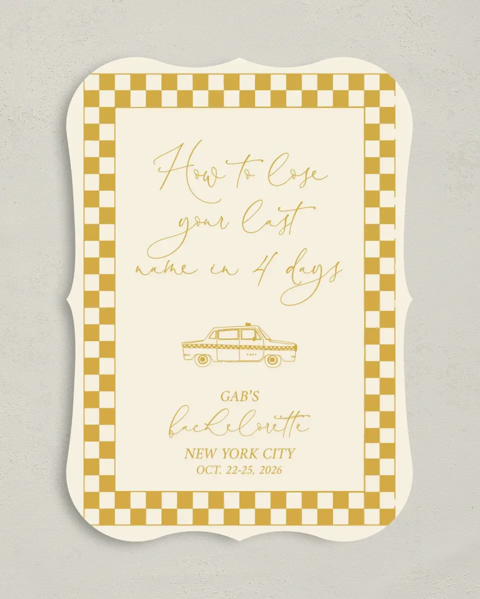 This is a 5" x 7" Bachelorette Party Invitation called How to Lose your Last Name in 10 Days printed in full color on Premium Smooth paper